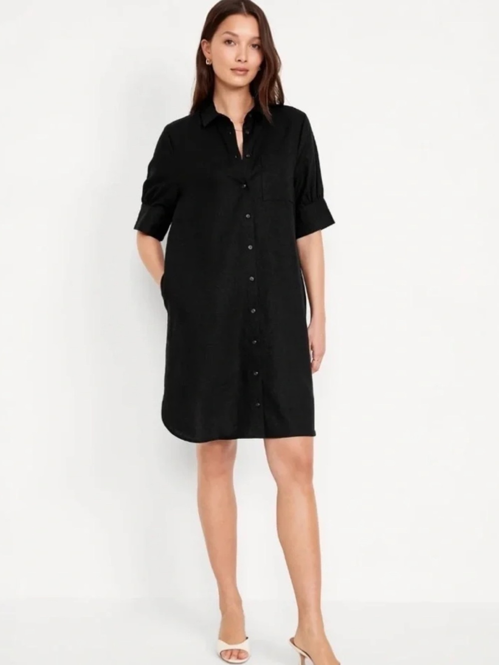 Old Navy Black Linen Blend Shirt Dress Large Button Front Puff Sleeves Pockets